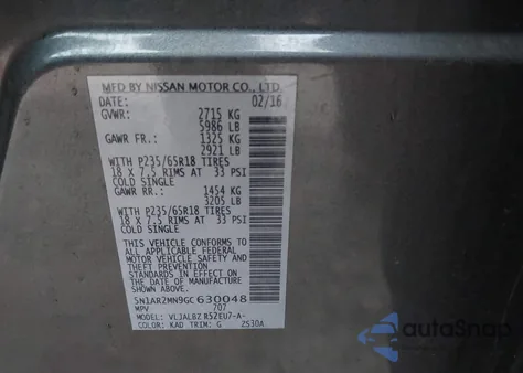 2016 Nissan Pathfinder Platinum/S/Sl/Sv z USA, uszkodzony, nr VIN 5N1AR2MN9GC630048